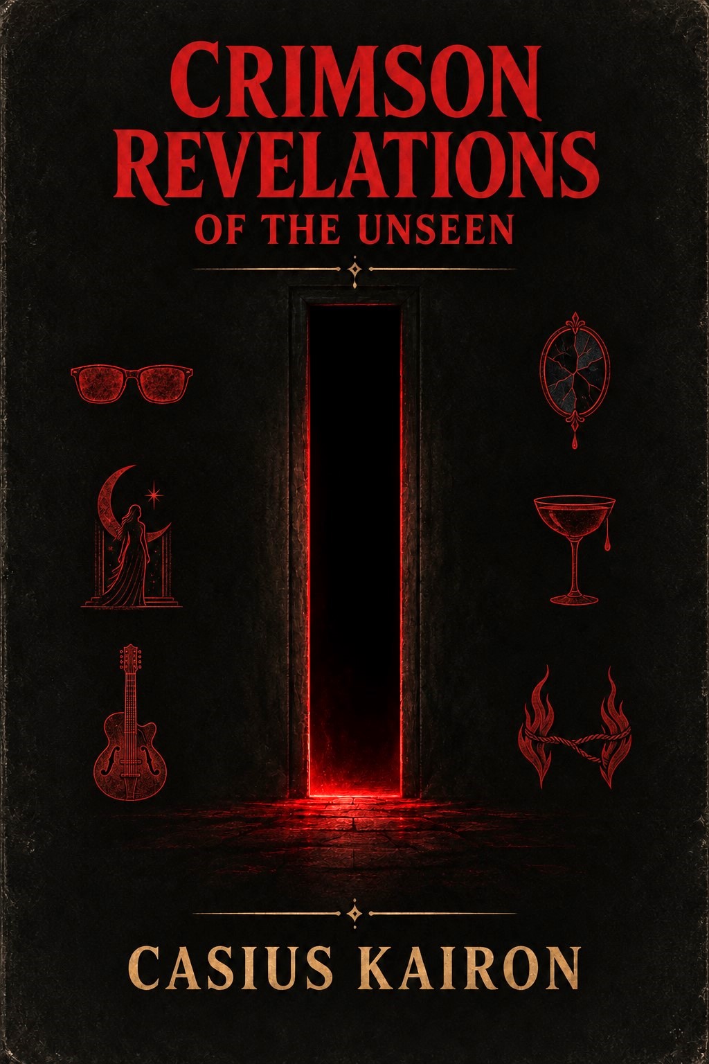 Crimson Revelations of the Unseen by Casius Kairon: a glowing crimson doorway surrounded by six symbols on a black cover